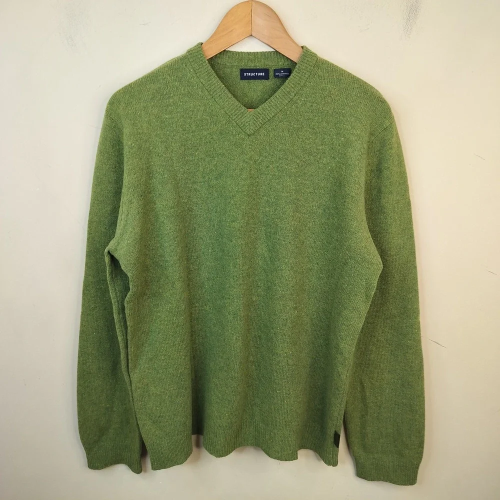 Structure Vintage Lambs Wool Sweater Medium Mens Preppy Green V Neck